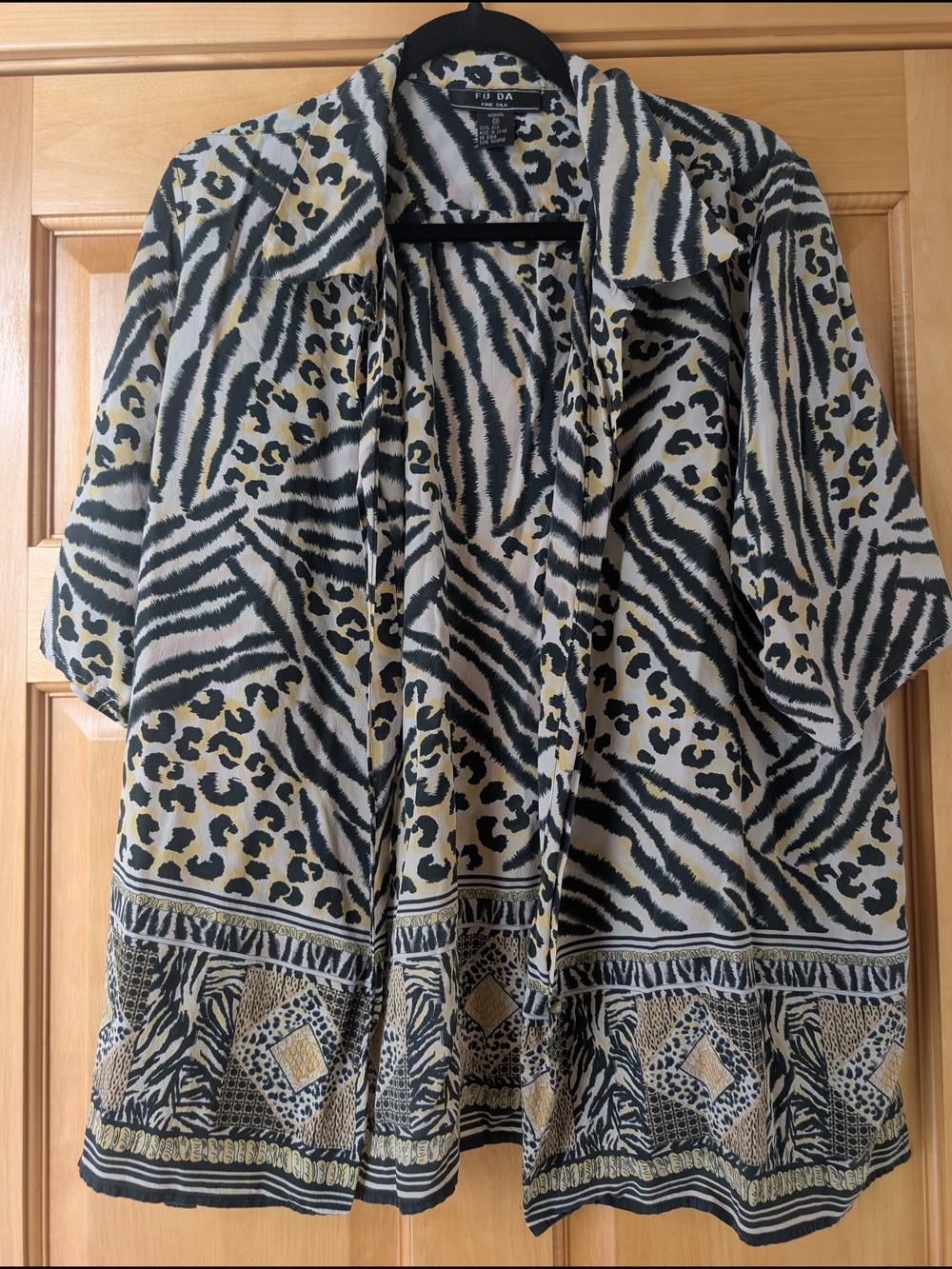 FU DA 100% Silk Animal Print Blouse in Black, Cream & Tan